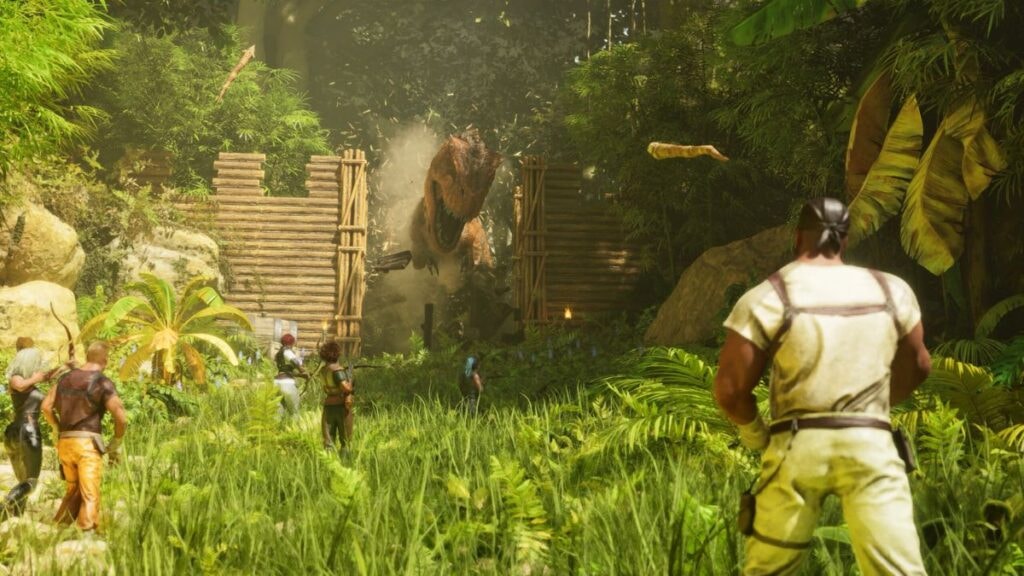 Joueurs combattants un tyronosaure dans le jeu vidéo Ark : Survival Ascended du Playstation Plus