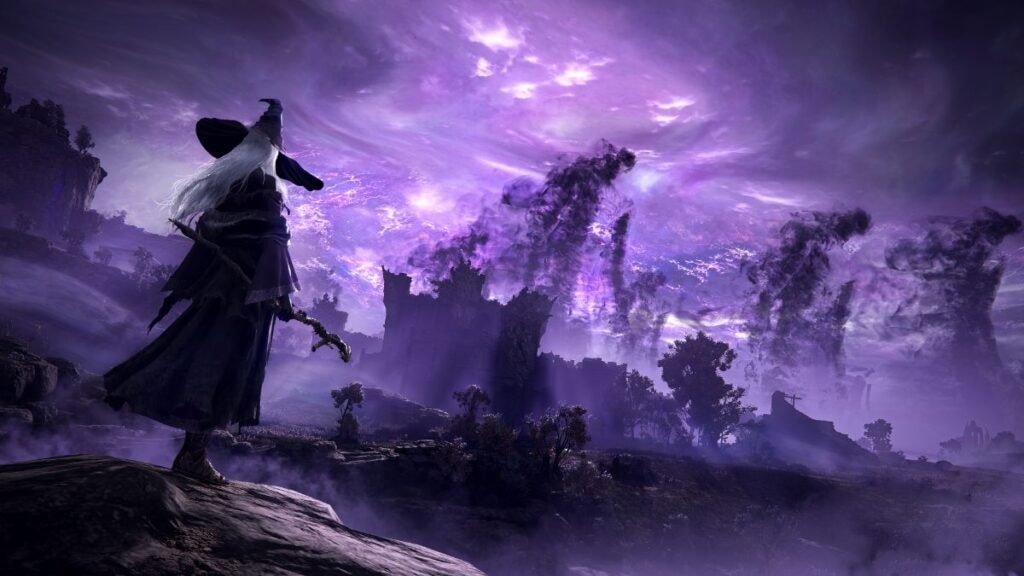Un magicien se tenant seul devant un monde en chaos dans Elden Ring Nightreign
