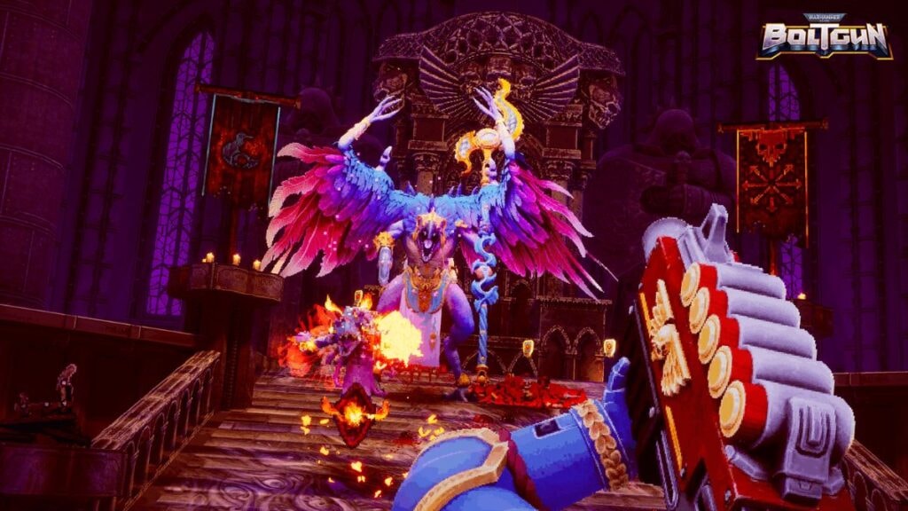 Space Marine affrontant des démons dans le jeu vidéo Warhammer 40 000 : Boltgun du Playstation Plus