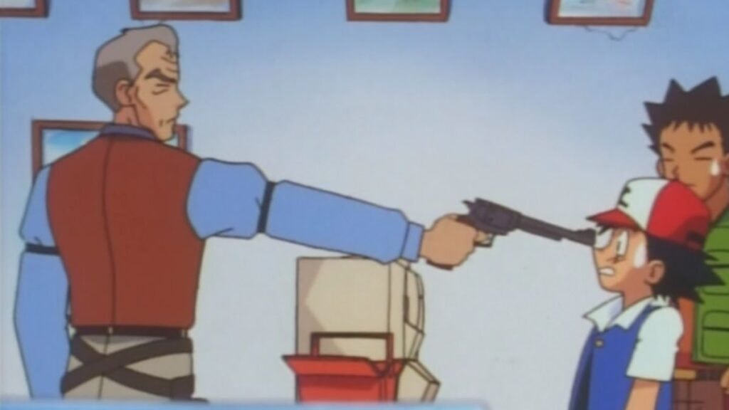 Homme pointant une arme à feu dans pokémon