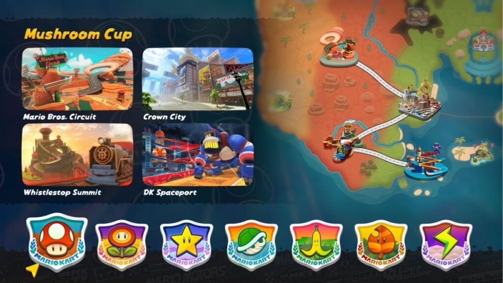 Le choix de carte dans le jeu vidéo Mario Kart World