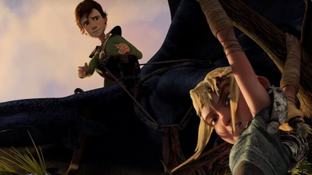 Harold et Krokmou lâchent Astrid sur un arbre dans Dragons