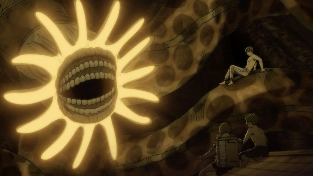 Okarun, Jiji et Momo faisant face au ver géant dans le film Dan Da Dan Evil Eye