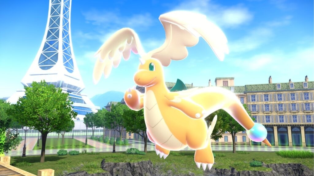 Un Dracolosse méga-évolué volant à Illumis dans Pokémon Legends ZA