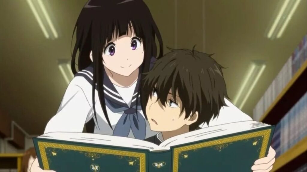 Eru obligeant Hotaro a lire un bouquin lors d'une enquête dans Hyouka