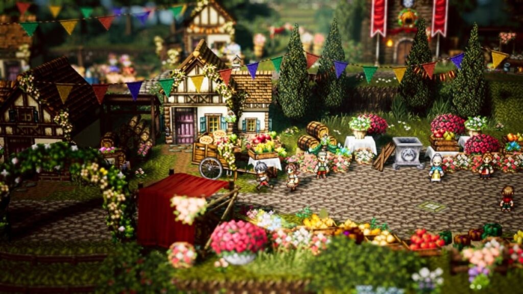 Des héros arrivant dans un village de Octopath Traveler 0