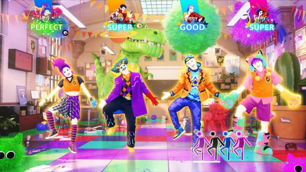 Quatre joueurs dansant sur une musique de Just Dance 2026