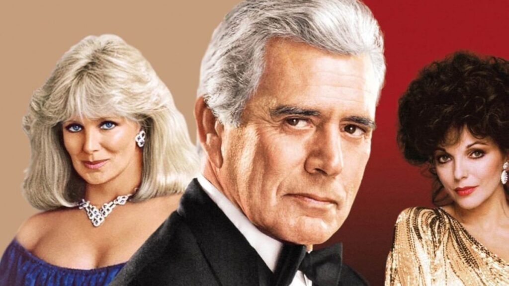 Linda Evans, John Forsythe et Joan Collins à l'affiche de la série Dynastie des années 80.