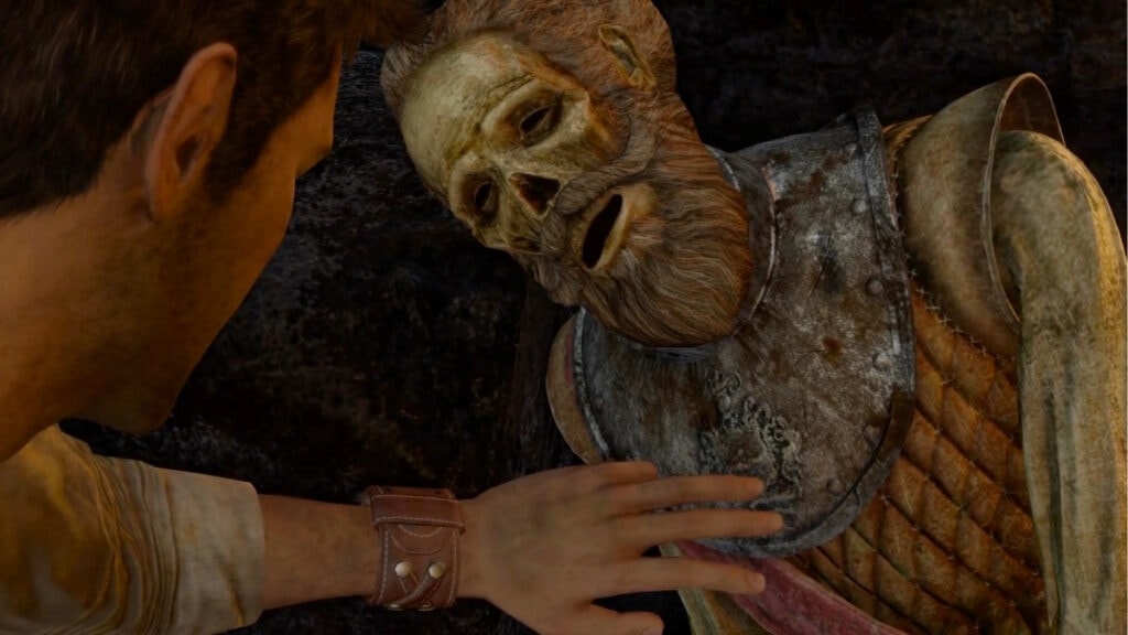 Nathan Drake retrouvant le corps de Sir Francis Drake dans Uncharted : Drake's Fortune