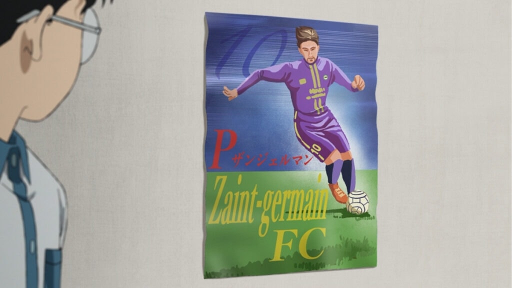 Okarun regardant l'affiche du Zaint-germain FC dans Dan Da Dan