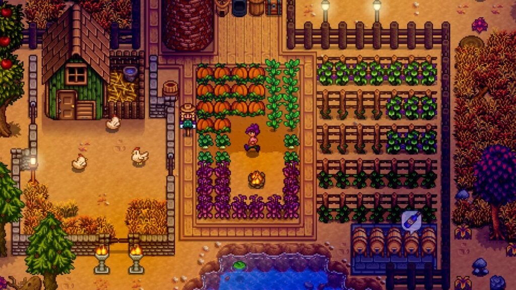 Un personnage récupérant les récoltes de sa ferme dans Stardew Valley