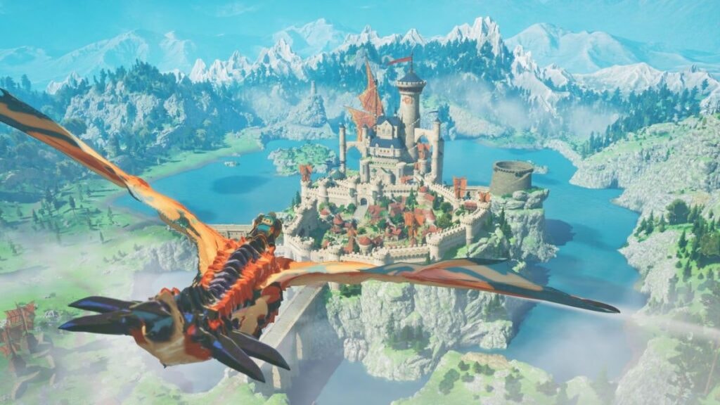 Un Rider volant dans le ciel à dos de monstre dans Monster Hunter Stories 3