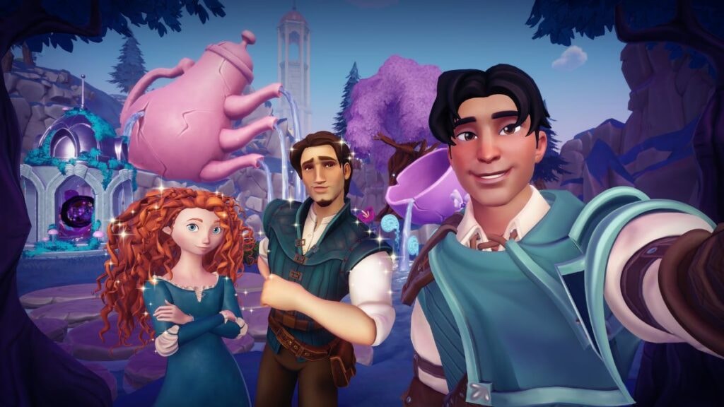 Un joueur prenant un selfie avec Finn et Merida dans Disney Dreamlight Valley