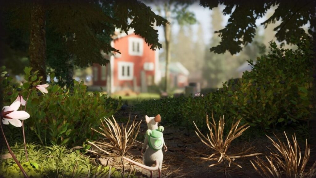Une souris traversant un jardin durant son aventure dans Hela