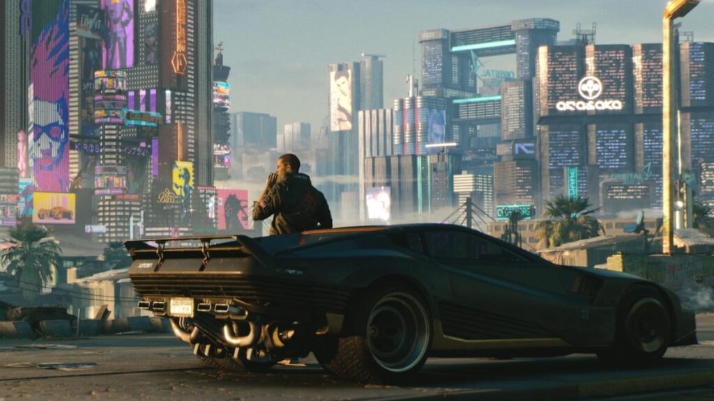 V contemplant la ville de Night City dans Cyberpunk 2077