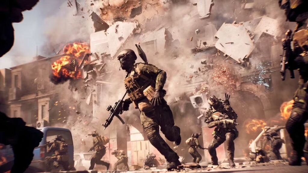 Un bâtiment explose pendant que des soldats courent dans Battlefield 6