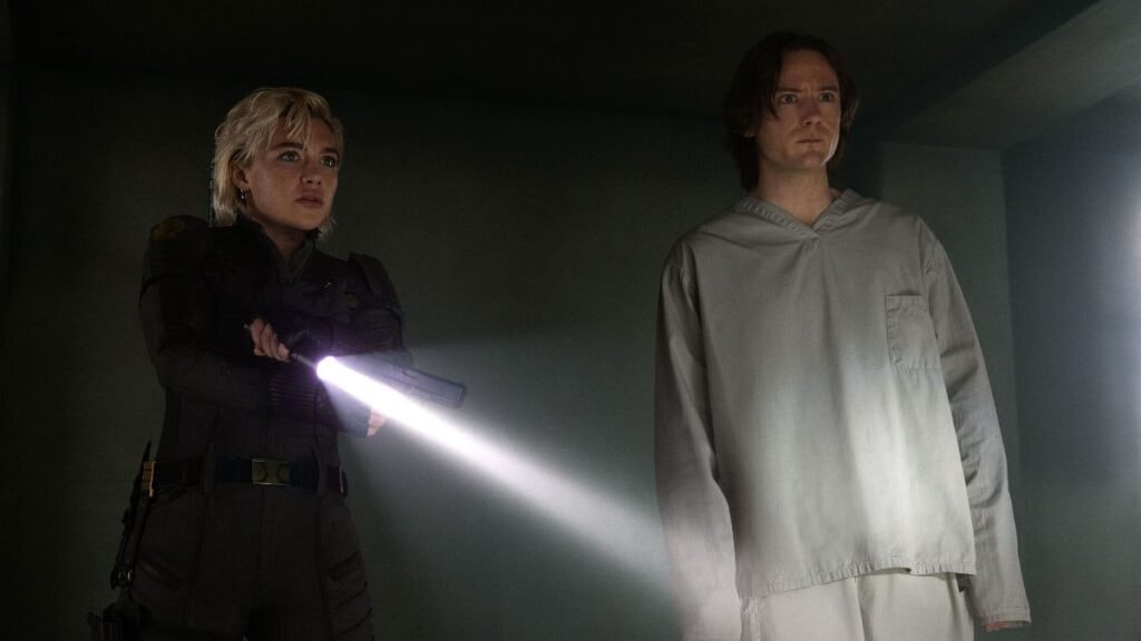 Florence Pugh en Yelena Belova et Lewis Pullman en Bob Reynolds dans le Marvel Thunderbolts : Les Nouveaux Avengers