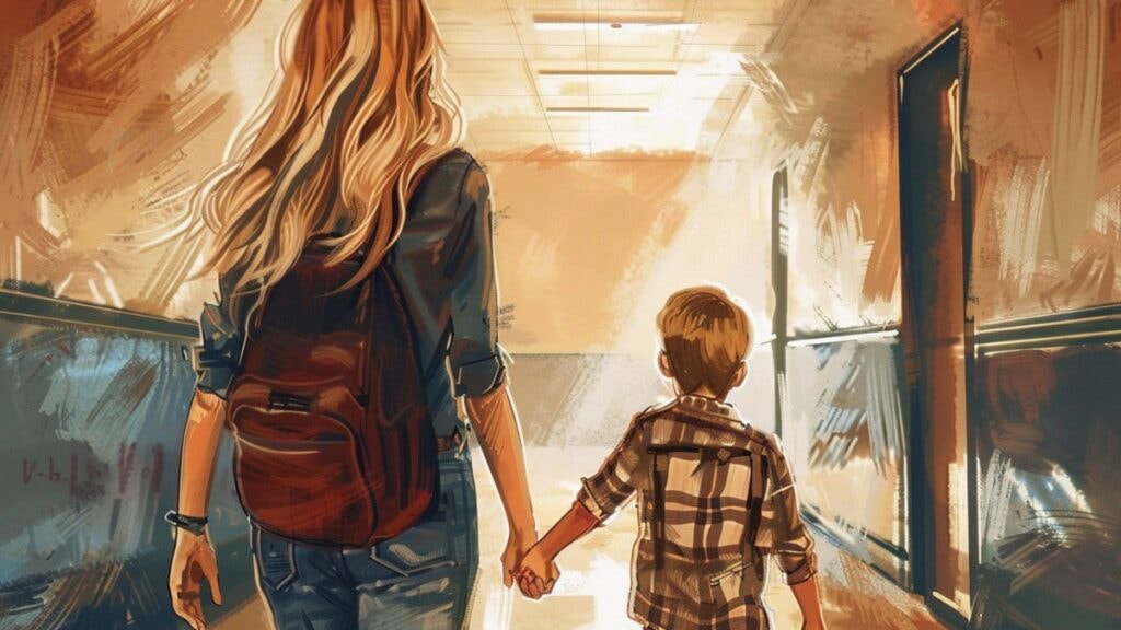 Jeune fille qui donne la main de son petit frère
