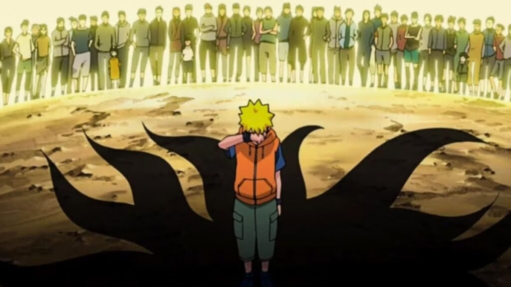 Naruto, en larmes, projettant l'ombre de Kyubi