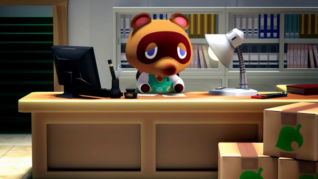 Tom Nook, triste, derrière son bureau dans Animal Crossing