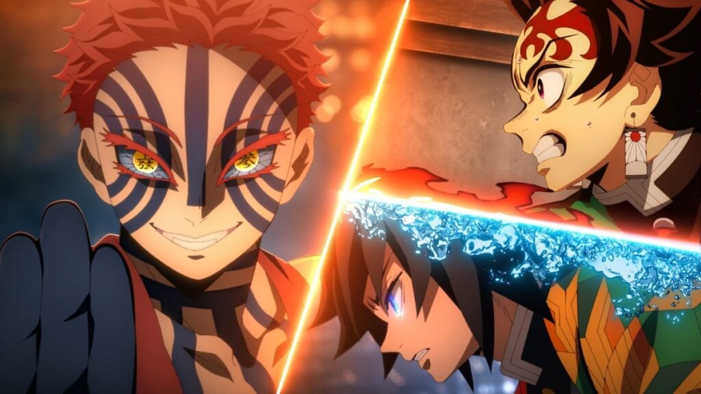 Akaza faisant face à Tanjiro et Tomioka dans Demon Slayer La Forteresse Infinie