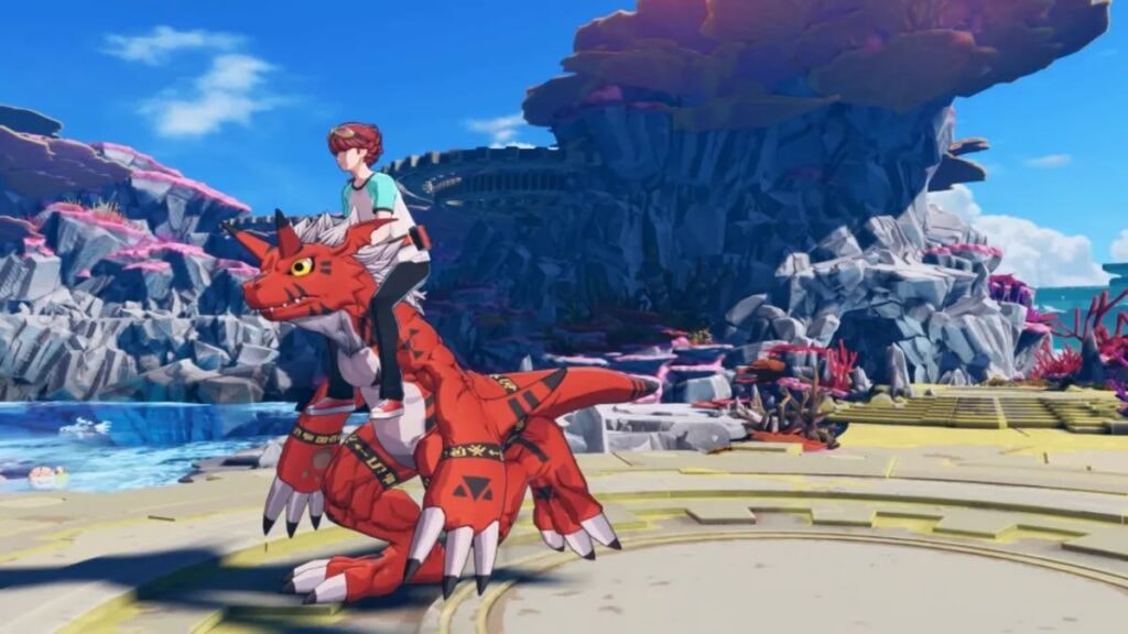 Dan sur un Digimon dans le jeu vidéo Digimon Story : Time Stranger