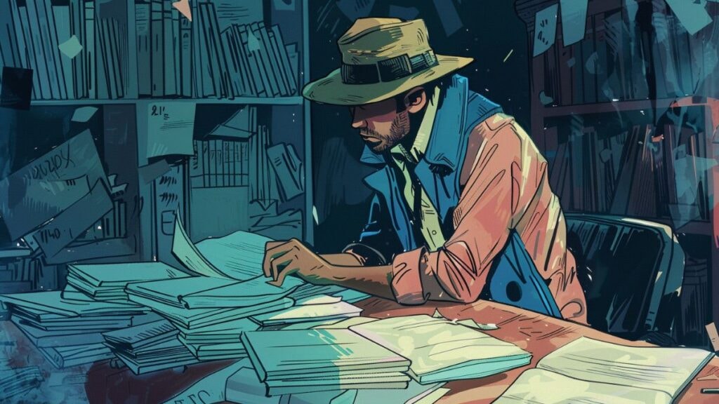 Détective enquêtant sur des feuilles de papier dans Le Jugement de Salomon