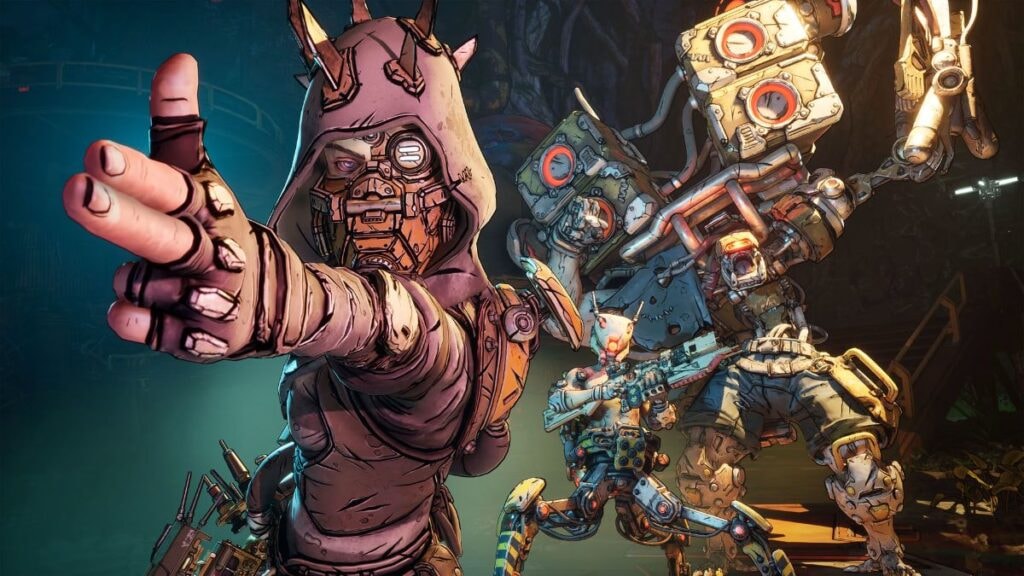 Une femme imitant un pistolet avec ses doigts et accompagnée de deux robots dans Borderlands 4