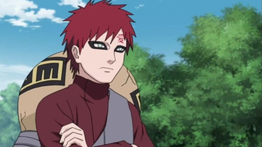 Gaara les bras croisés lors d'un combat en forêt dans Naruto