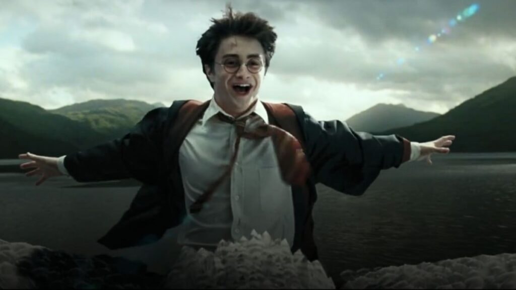 Harry Potter vole sur le dos d'un hippogriffe dans Le prisonnier d'Azkaban