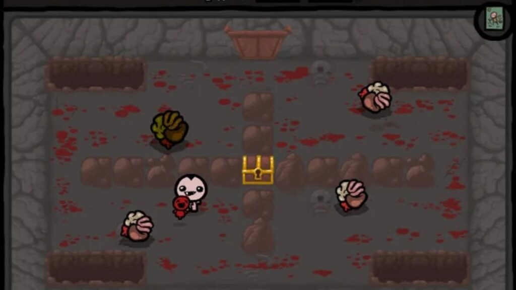 Isaac trouvant une salle avec un coffre dans The Biding of Isaac