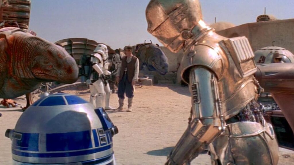 R2-D2 (Kenny Baker) et C-3PO (Anthony Daniels) dans Star Wars.