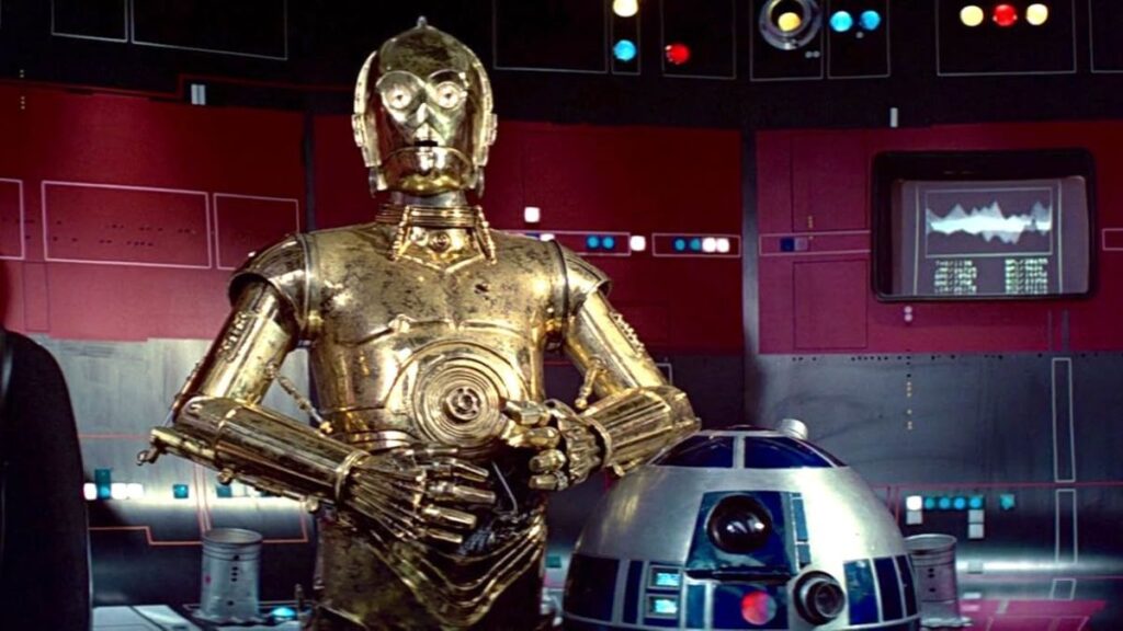 R2-D2 (Kenny Baker) et C-3PO (Anthony Daniels) dans Star Wars.