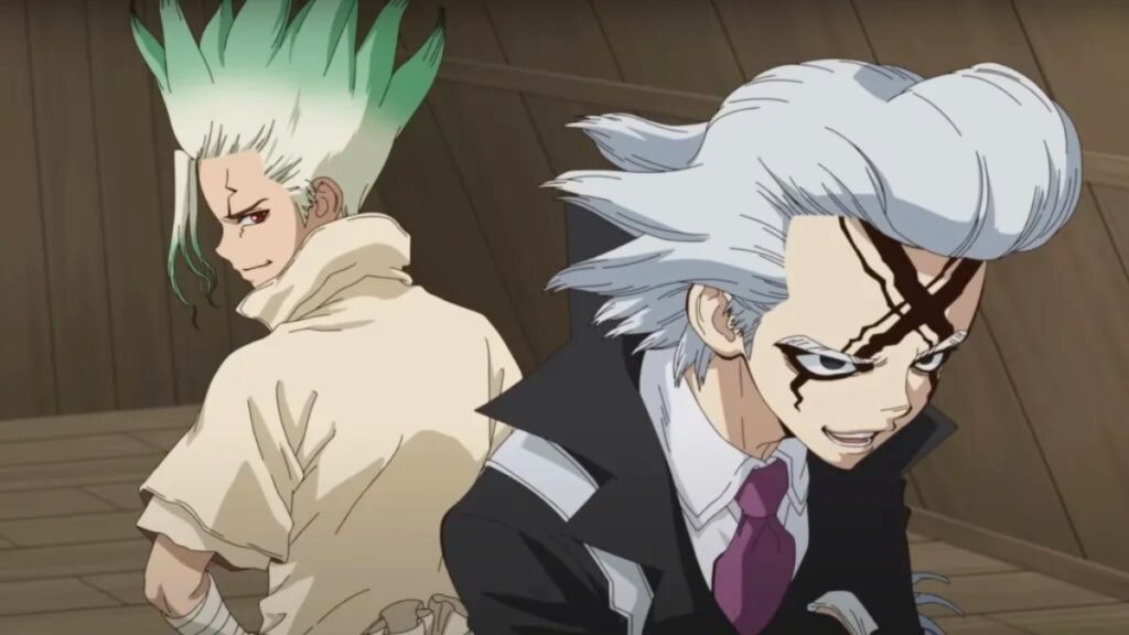 Senku et le Dr Xeno souriant dos à dos dans Dr Stone Science Future