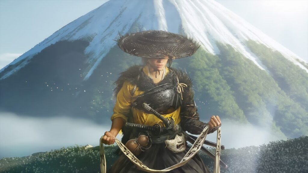 Atsu profitant d'un moment calme avec une liste dans les mains devant le mont Yotei dans Ghost of Yotei