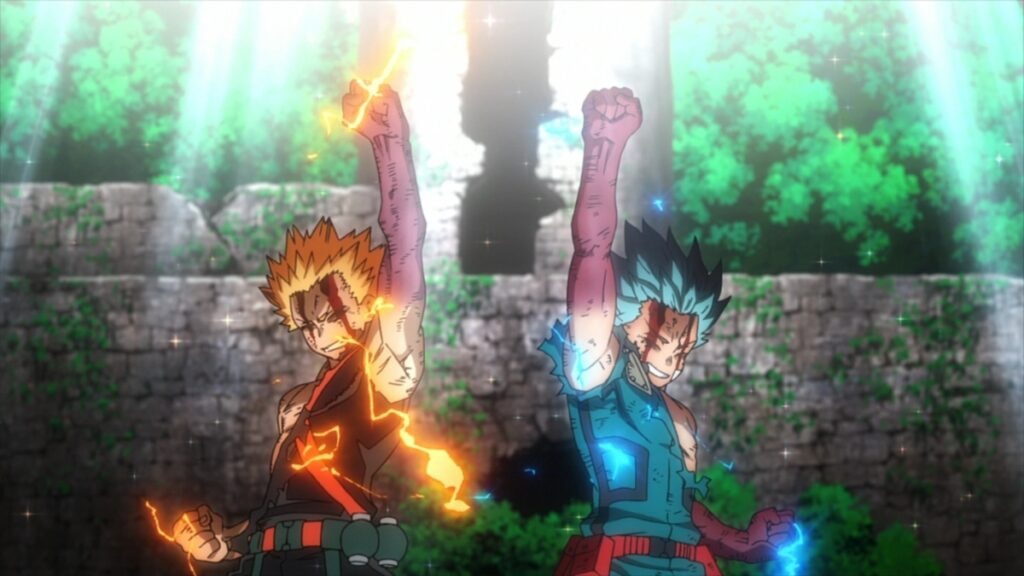 Bakugo et Deku prenant une pose de victoire dans le film My Hero Academia Heroes Rising