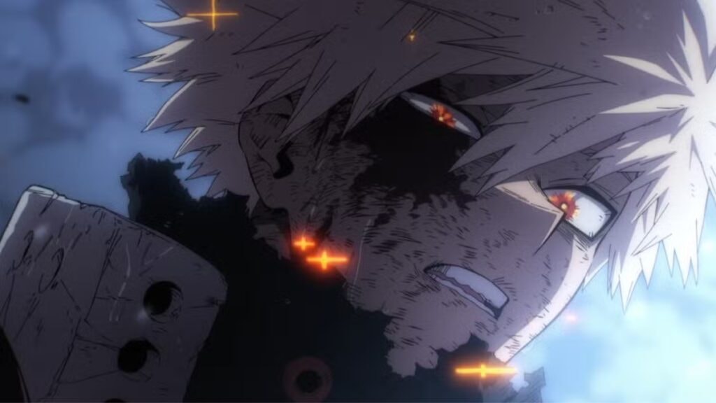 Bakugo, se réveillant avec la lueur du One for All dans ses yeux dans My Hero Academia