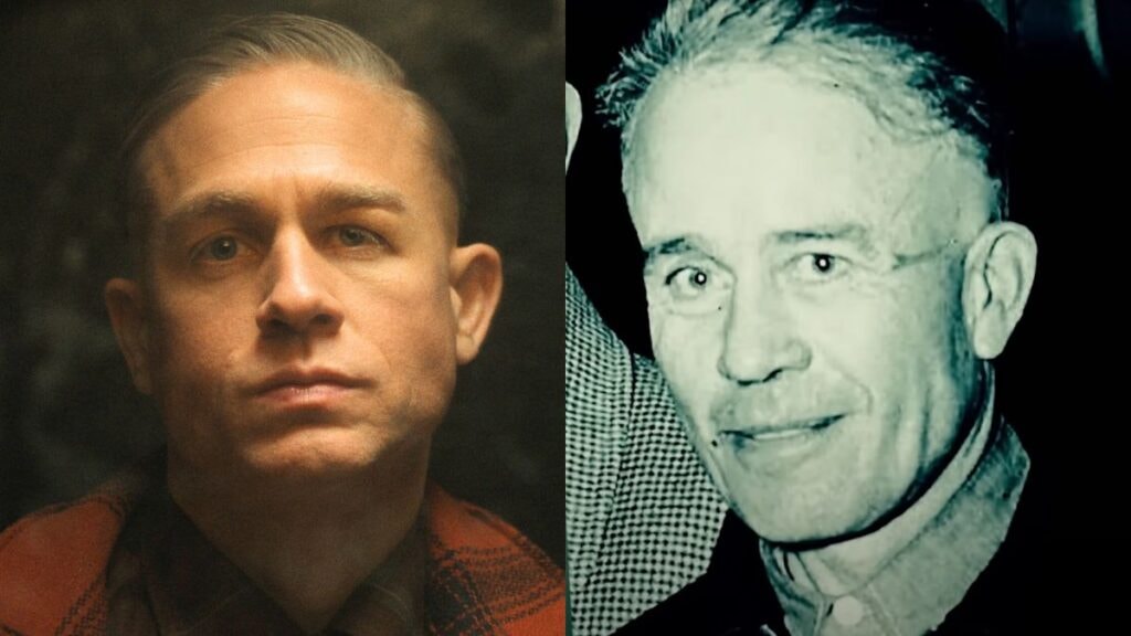 Charlie Hunnam dans la série Monstre (saison 3) et le vrai Ed Gein dans le documentaire Real Crime 