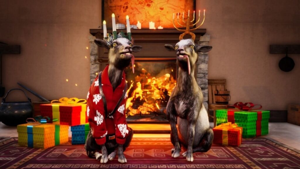 Deux chèvres en tenue d de Noel dans Goat Simulator 3