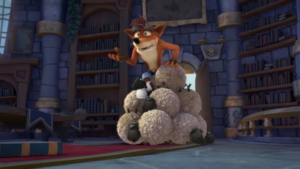 Crash assis sur des moutons dans la série Skylanders Adventure