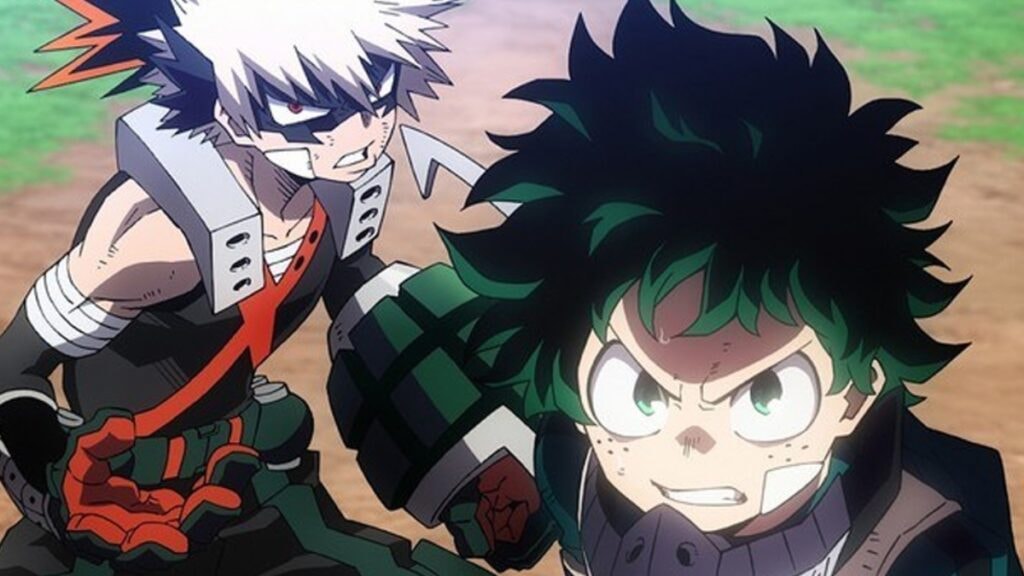 Deku et Bakugo grimaçants lors d'un combat dans My Hero Academia Heroes Rising