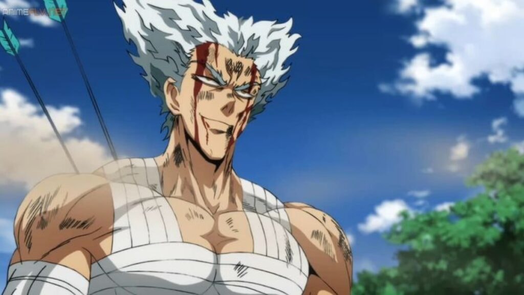 Garoh souriant alors qu'il est couvert de blessures dans One Punch Man