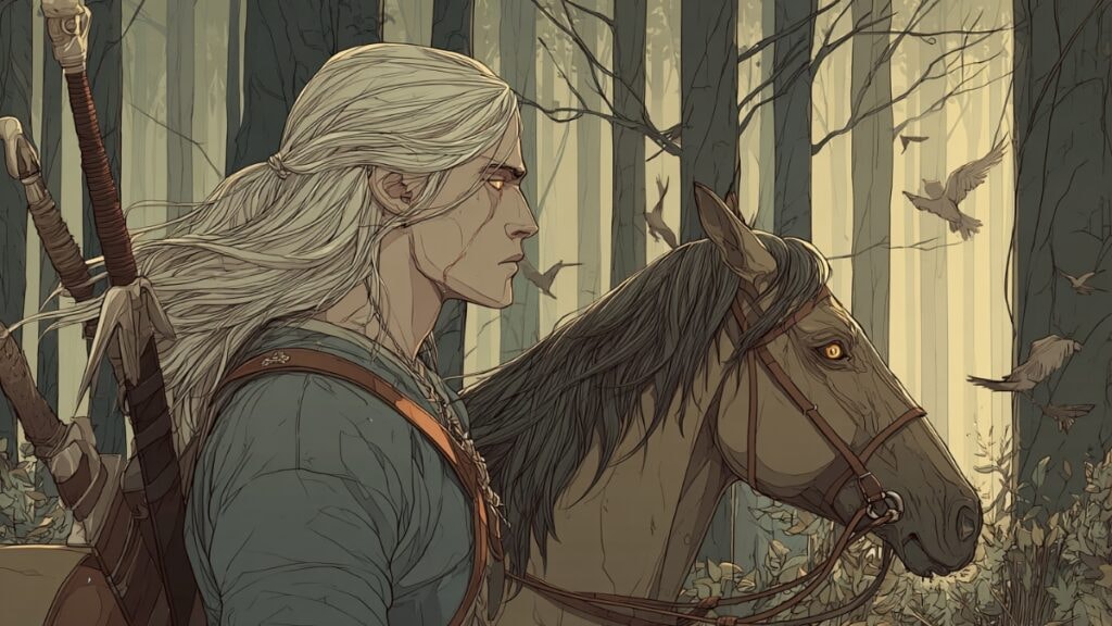 Geralt jeune marchant dans une forêt dans The Witcher la Croisée des Chemins