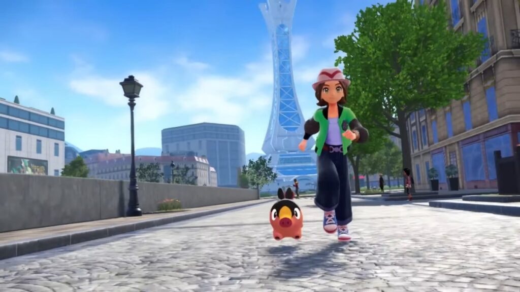 Gruikui et son dresseur courant dans les rues d'Illumis dans Pokémon Legends ZA