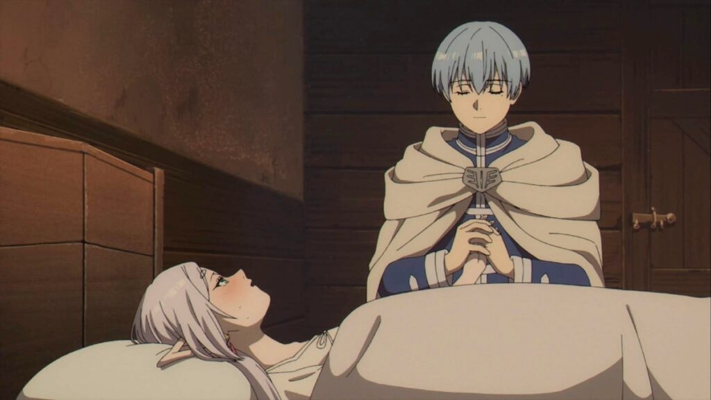 Himmel prenant soin de Frieren alors qu'elle est malade dans l'anime éponyme