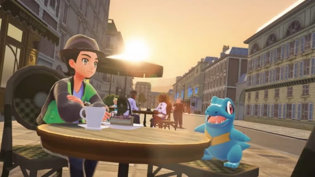 Kaiminus et son dresseur sur une terrasse d'un café dans Pokémon Legends ZA