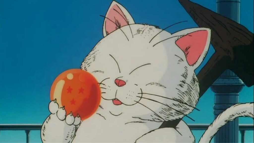 Maître Karin tenant une boule de cristal dans sa tour de Dragon Ball