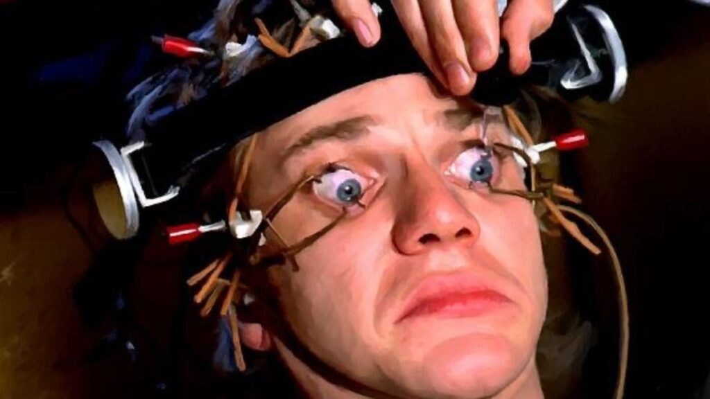 Malcolm McDowell dans Orange Mécanique de Kubrick