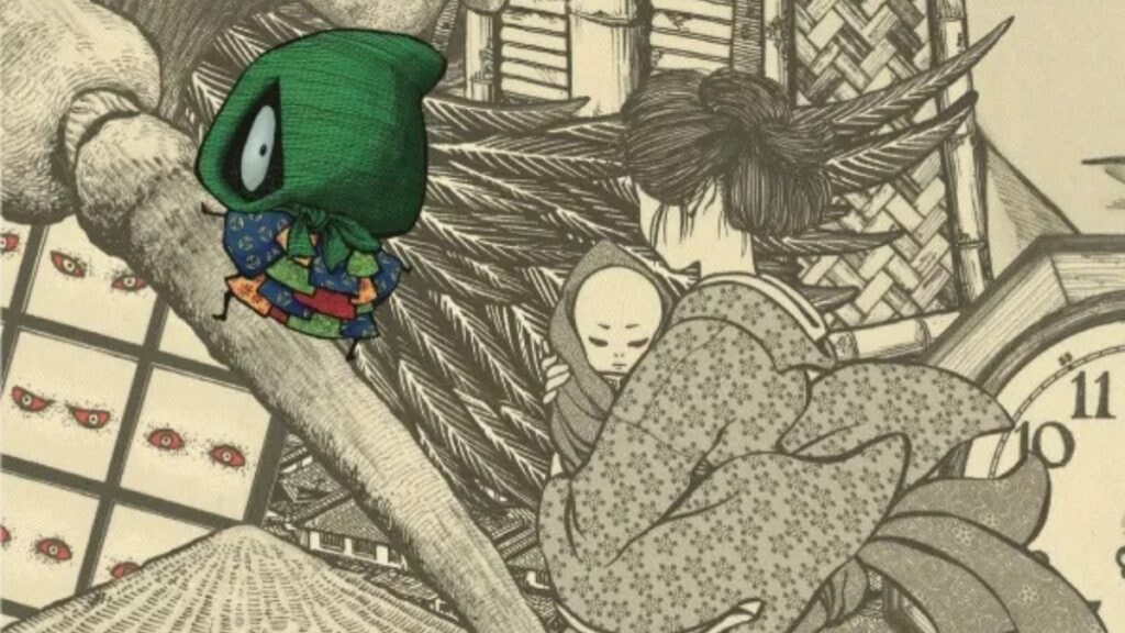 Le petit Yokai grimpant sur une plume dans Yokai Giga