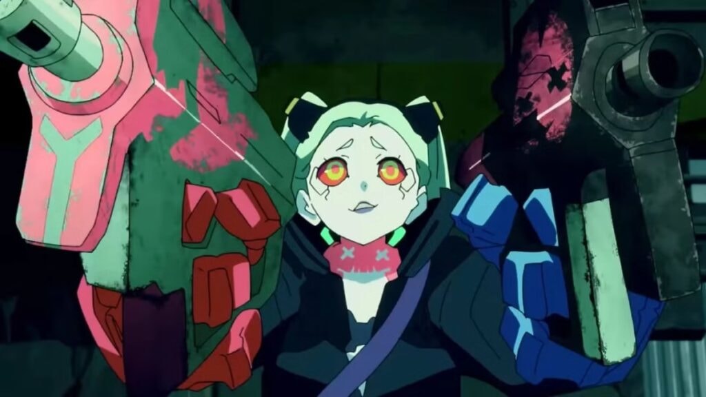 Rebecca intimidant ses adversaires avec ses deux pistolets dans Cyberpunk Edgerunners